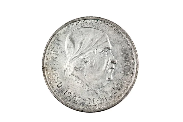 Old 1947 Silver One Mexican Peso Coin Isolated White Background — Stock Photo, Image