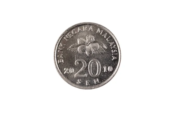 Primer Plano Macroplano Una Moneda Veinte Sen Plata Malasia Aislada — Foto de Stock