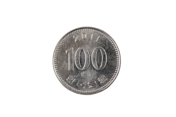 Närbild Sydkoreansk 100 Won Coin Isolerad Ren Vit Bakgrund — Stockfoto