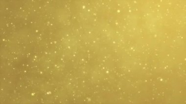Altın parıltılar, altın arka planda parıltı parçacıkları, uzayda uçan parlayan tozlar