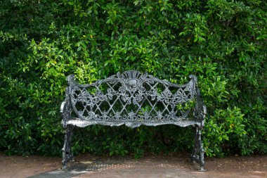 Yeşil bitki arka plan ile parkta Çelik tezgah.