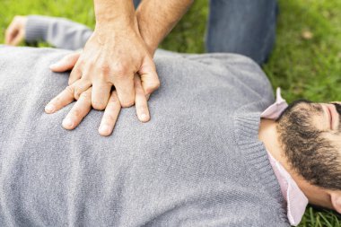 First Aid Emergency CPR rcp on Heart Attack Man , Resuscitation cardiopulmonary