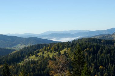 Romanya 'da ormanlı Transfagarasan yoluna giden güzel bir sabah manzarası, sonbaharda Karpatya dağları, tepeden vadiye hava manzarası, takvim, poster, kapak tasarımı, kartpostal