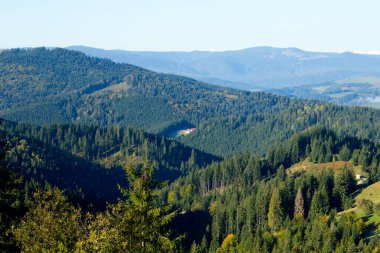 Romanya 'da ormanlı Transfagarasan yoluna giden güzel bir sabah manzarası, sonbaharda Karpatya dağları, tepeden vadiye hava manzarası, takvim, poster, kapak tasarımı, kartpostal