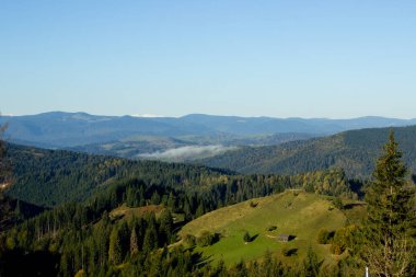 Romanya 'da ormanlı Transfagarasan yoluna giden güzel bir sabah manzarası, sonbaharda Karpatya dağları, tepeden vadiye hava manzarası, takvim, poster, kapak tasarımı, kartpostal