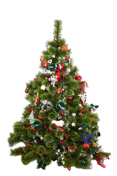 Schöner Weihnachtsbaum Mit Bunten Ornamenten Isoliert Auf Weißem Hintergrund Studioaufnahme — Stockfoto