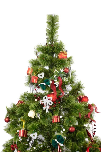 Schöner Weihnachtsbaum Mit Bunten Ornamenten Isoliert Auf Weißem Hintergrund — Stockfoto