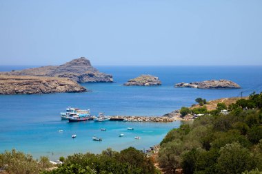 Yunanistan gezisi Lindos Rhodos şehir Island yakınındaki yaz, güzel Bay