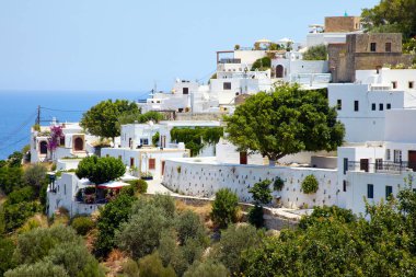 Yaz, Lindos Rhodos Şehir Adası, şehrin güzel mimari Yunanistan gezisi.