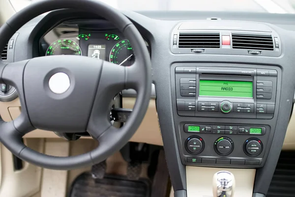 Modern Car Dashboard Steering Wheel Radio System Climate Control Panel — Stock Photo, Image