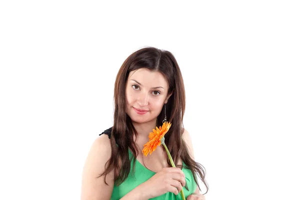 Portrait Woman Green Dress Holding Orange Gerbera Isolated White Stock Photo