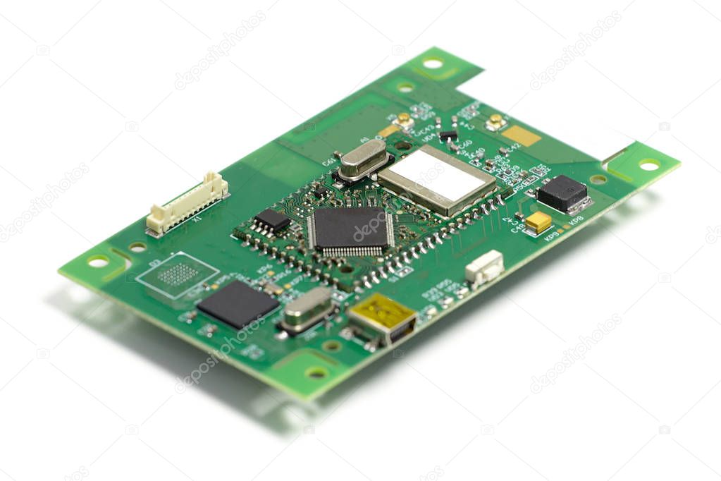 Electronic printed circuit board with chips and other components, front side, angled view, isolated on white
