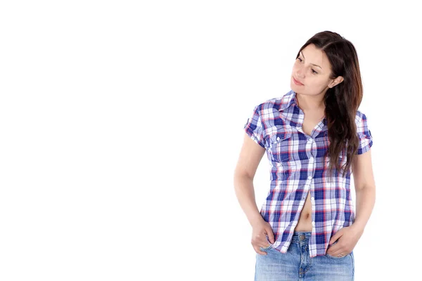 Portret Van Een Prachtige Vrouw Met Stijlvolle Kleding Geïsoleerd Een — Stockfoto