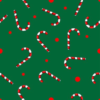 Noel süslemeleri için kullanılan yeşil arka planda izole edilmiş kırmızı şeker kamışlarının kusursuz desenli vektörü. Tekrarlayan Noel arkaplanı.