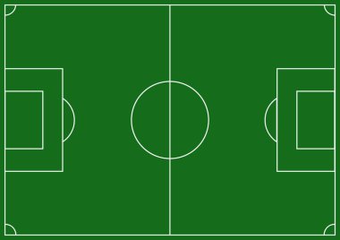 Beyaz çizgi şablonu olan düz futbol alanı vektörünün üst görünümü. Spor maçı planlaması için yeşil çim sahası kullanan futbol sahası arka planı.