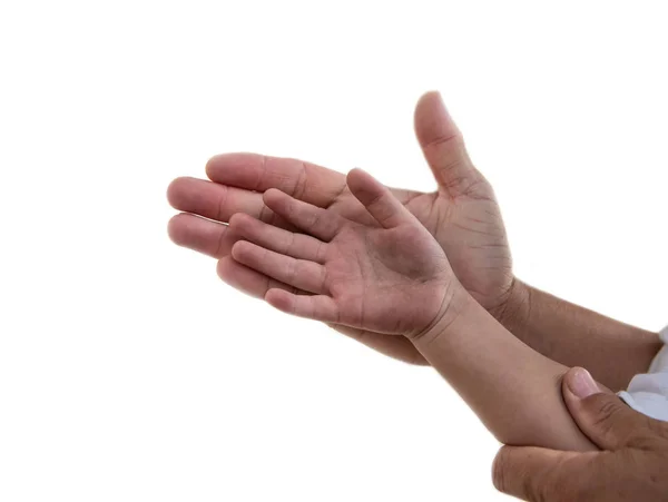 Kinder Hand Erwachsene Hand Für Hilfe Auf Weißem Hintergrund — Stockfoto