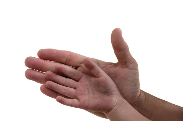 Kinder Hand Erwachsene Hand Für Hilfe Auf Weißem Hintergrund — Stockfoto