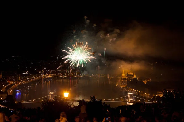 20Th August Fireworks Budapest Parliament Danube Chain Bridge Stephens Foundation — Stock Photo, Image