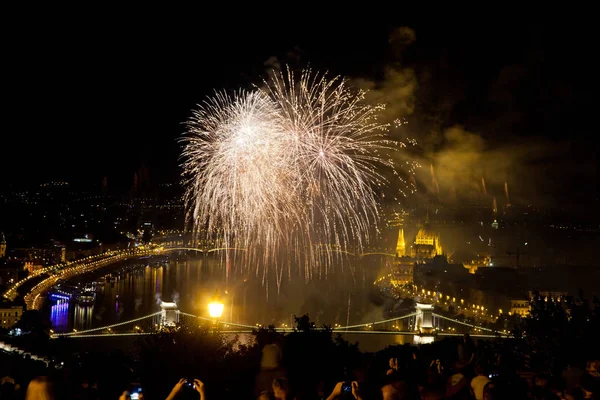 the 20th of August fireworks over Budapest Parliament, the Danube and chain bridge on St. Stephens or foundation day of Hungary