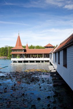 HEVİZ, HUNGARY - 18 AĞUSTOS, 2018: Macaristan 'da Heviz Gölü' nde yıkanan insanlar. Heviz Gölü dünyanın en büyük ikinci termal gölüdür ama biyolojik olarak en büyük aktif doğal gölüdür.