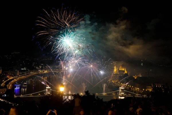 the 20th of August fireworks over Budapest Parliament, the Danube and chain bridge on St. Stephens or foundation day of Hungary