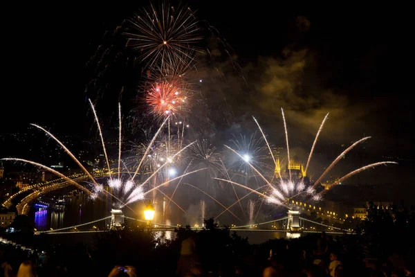 Agosto Fuochi Artificio Sul Parlamento Budapest Sul Danubio Sul Ponte — Foto Stock