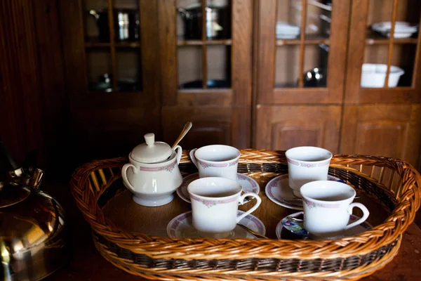 China Tea Pot Blurred Rustic Kitchen Interior — Stock Photo, Image