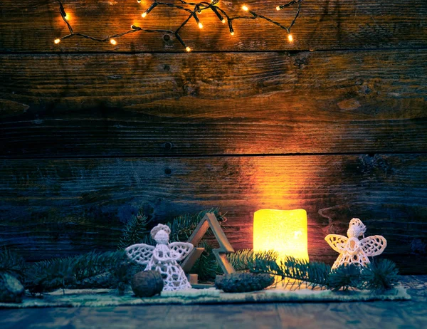 Décorations Noël Lumières Sur Fond Bois — Photo