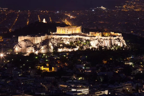 Blick Auf Athen Zur Blauen Stunde Mit Der Akropolis Vom — Stockfoto