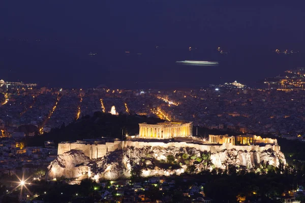 View Athensat Blue Hour Acropolis Seen Lycabettus Hill Highest Point — Stock Photo, Image