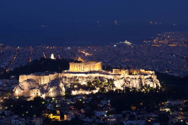 View Athensat Blue Hour Acropolis Seen Lycabettus Hill Highest Point — Stock Photo, Image