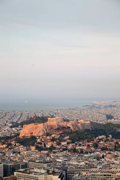 Gród Atenach Wcześnie Rano Akropolu Lycabettus Hill Najwyższy Punkt Mieście — Zdjęcie stockowe