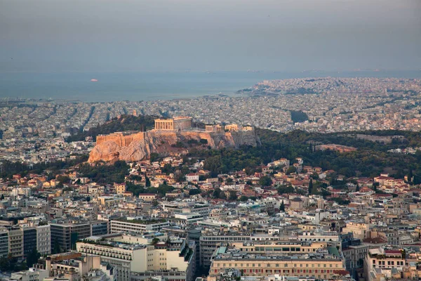 Lycabettus Hill Şehrin Yüksek Noktasında Görüldü Akropolis Ile Erken Sabah — Stok fotoğraf