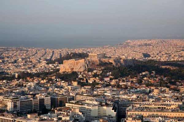 Lycabettus Hill Şehrin Yüksek Noktasında Görüldü Akropolis Ile Erken Sabah — Stok fotoğraf