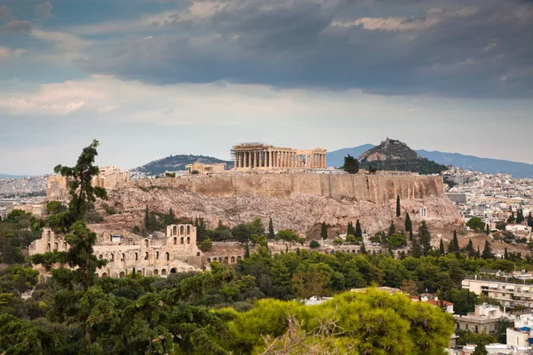 Athens Seen Philopapou Hill Views Herodium Acropolis Parthenon Attica Greece — стоковое фото