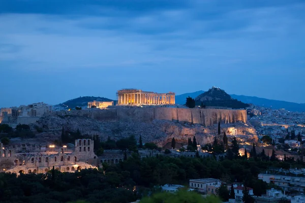 Athens Seen Philopapou Hill Views Herodium Acropolis Parthenon Blue Hour — стоковое фото