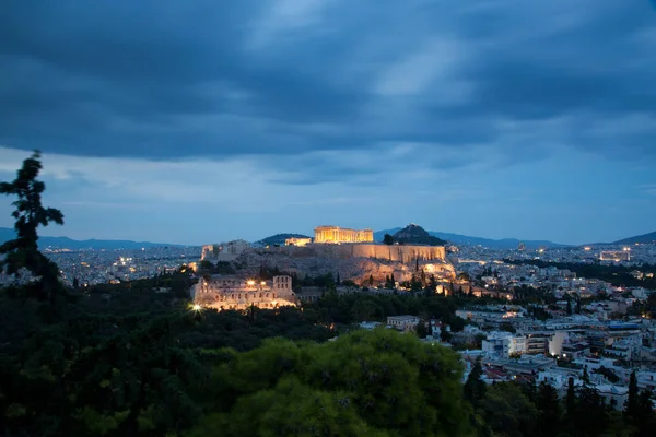 Athens Visto Colina Philopapou Com Vistas Herodium Acropolis Parthenon Hora — Fotografia de Stock