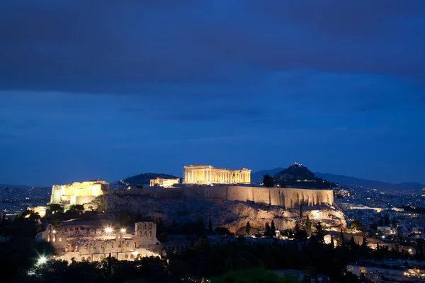 Athény Vidět Philopapou Kopce Výhledem Herodium Akropole Parthenon Modré Hodinu — Stock fotografie