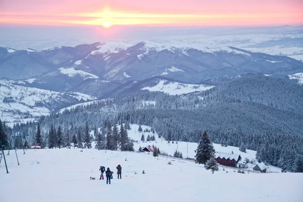 Fundo Inverno Belo Nascer Sol Sobre Árvores Cobertas Neve Abeto — Fotografia de Stock