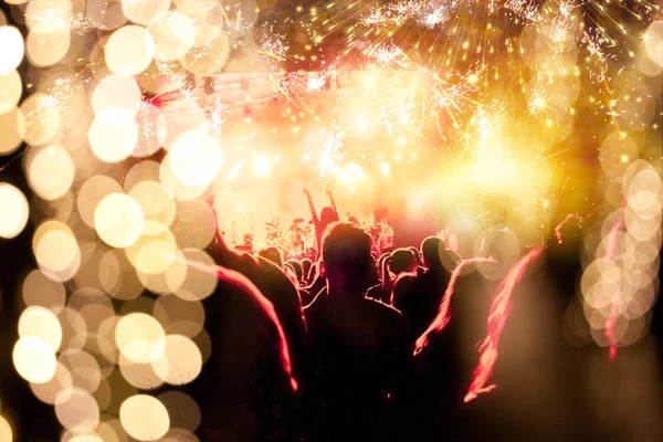 New Year Concept Cheering Crowd Fireworks — Stock Photo, Image