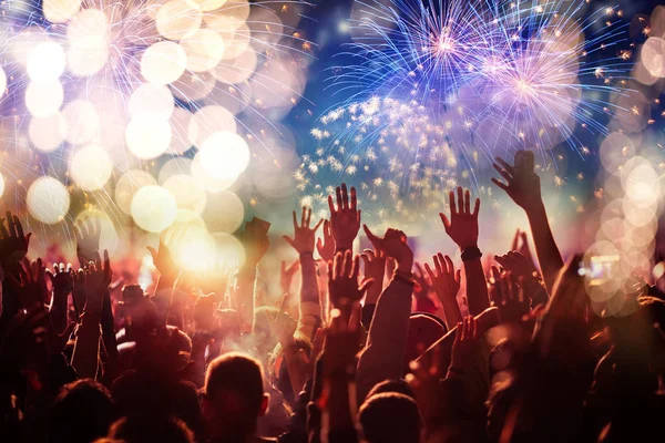 Cheering Crowd Watching Fireworks New Year Concept — Stock Photo, Image