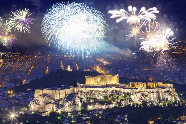 Feuerwerk Über Athen Der Akropolis Und Dem Parthenon Attika Griechenland — Stockfoto