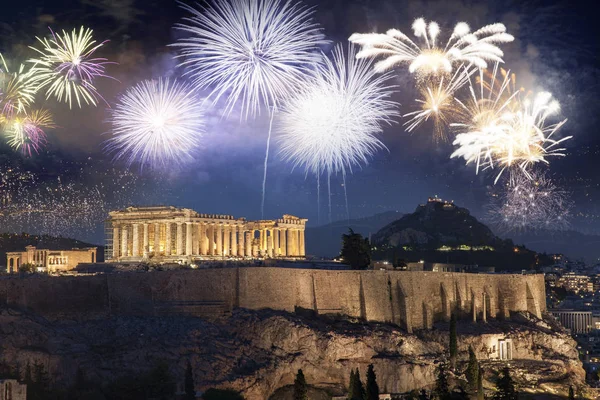Feuerwerk Über Athen Der Akropolis Und Dem Parthenon Attika Griechenland — Stockfoto