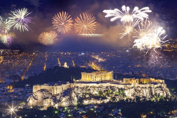 Feuerwerk Über Athen Der Akropolis Und Dem Parthenon Attika Griechenland — Stockfoto