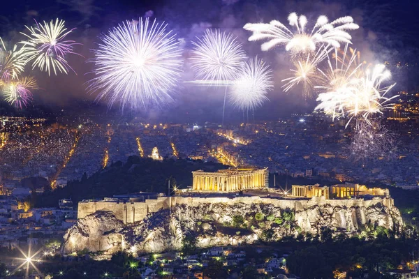 Feuerwerk Über Athen Der Akropolis Und Dem Parthenon Attika Griechenland — Stockfoto