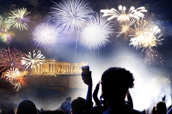 Fuegos Artificiales Sobre Atenas Acrópolis Partenón Ática Grecia Destino Año —  Fotos de Stock