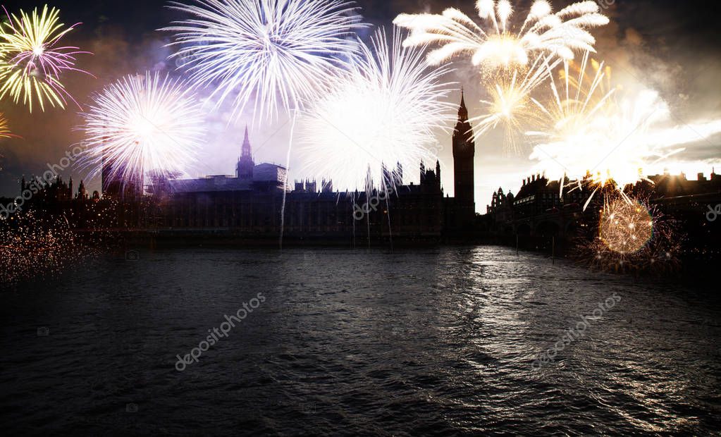  fireworks over Big Ben - new year celebrations in London, UK