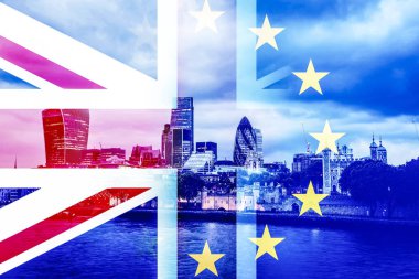 Brexit kavramı - bayraklar ve Londra çift pozlama