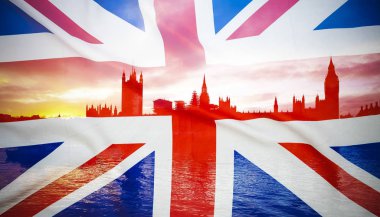 Brexit kavramı - bayrak ve Big Ben ile Westminster Sarayı çift pozlama