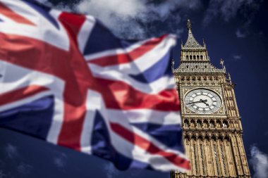 brexit concept - double exposure of flag and Westminster Palace with Big Ben clipart